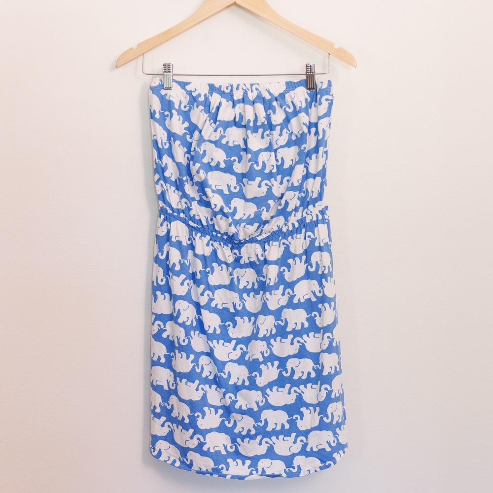 Lilly Pulitzer Blue White Elephant Print Pima Cotton Strapless Tube Dress M - Picture 1 of 7